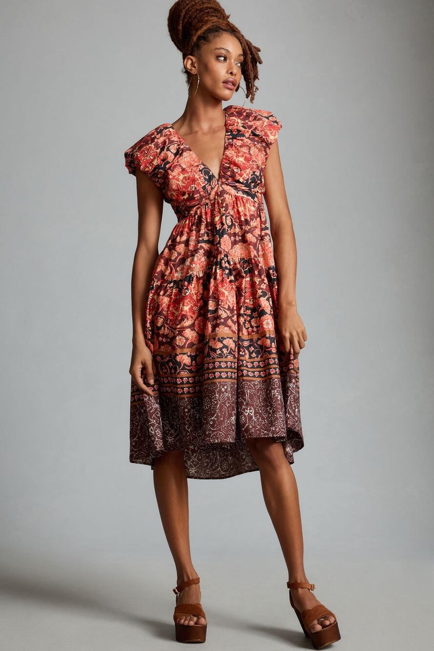 NWT Anthropologie Red Motif Floral Cotton Tie Back V Neck Babydoll Midi Dress 2